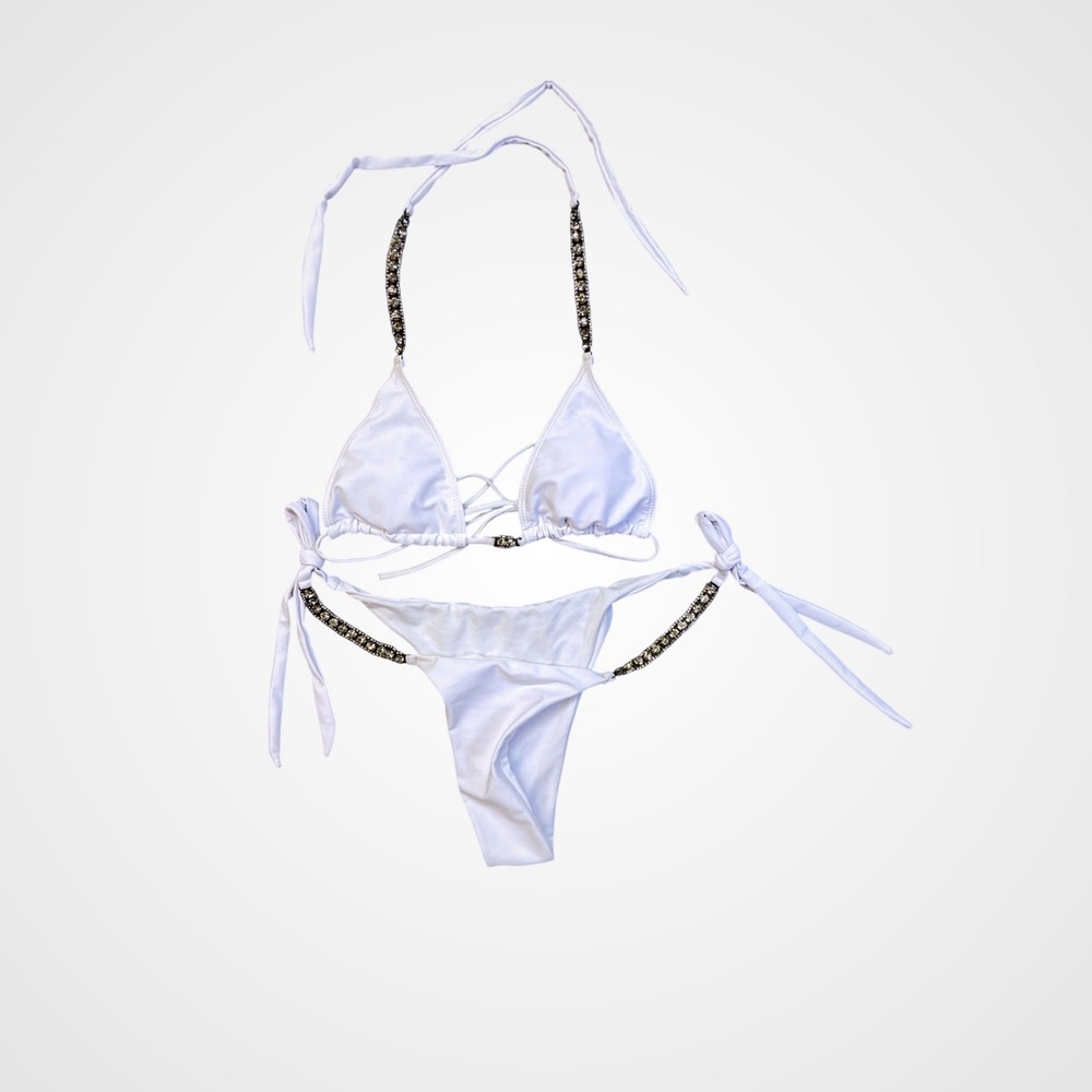 White Rhinestone Chain Triangle Bikini Set Two Piece‎ Swimsuit Medium